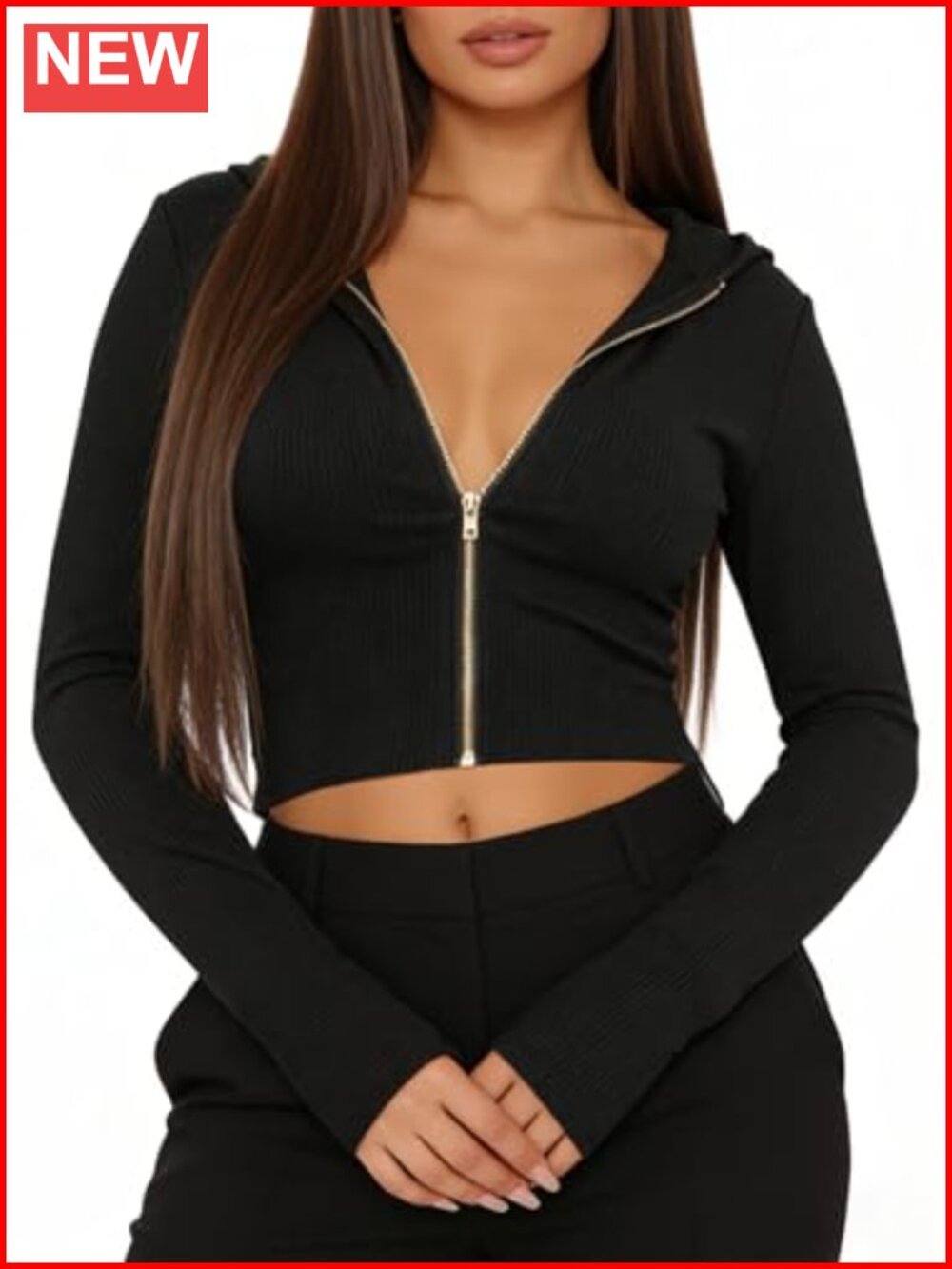 Ribbed Cropped Zip Up Hoodie Long Sleeve Slim Fit Crop Sweatshirt